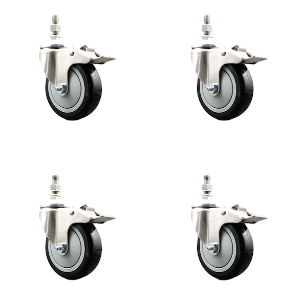 Service Caster 4 Inch 316SS Black Polyurethane Wheel Swivel 3/8 Inch Stem Caster Set Lock Brake SS316TSTTL20S414-PPUB-BLK-381615-4 - main